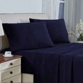Plush Micro Fleece Bed Sheet Set, Extra Warm Polar Fleece 4 Pcs Winter Bed Sheets, with Deep Pocket, Navy, Queen