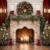 Red Curtain Christmas Fireplace Backdrop with Candlelit Wreath Holiday Photo