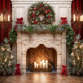 Red Curtain Christmas Fireplace Backdrop with Candlelit Wreath Holiday Photo Background Microfiber Christmas Photography Studio Props 8x8ft