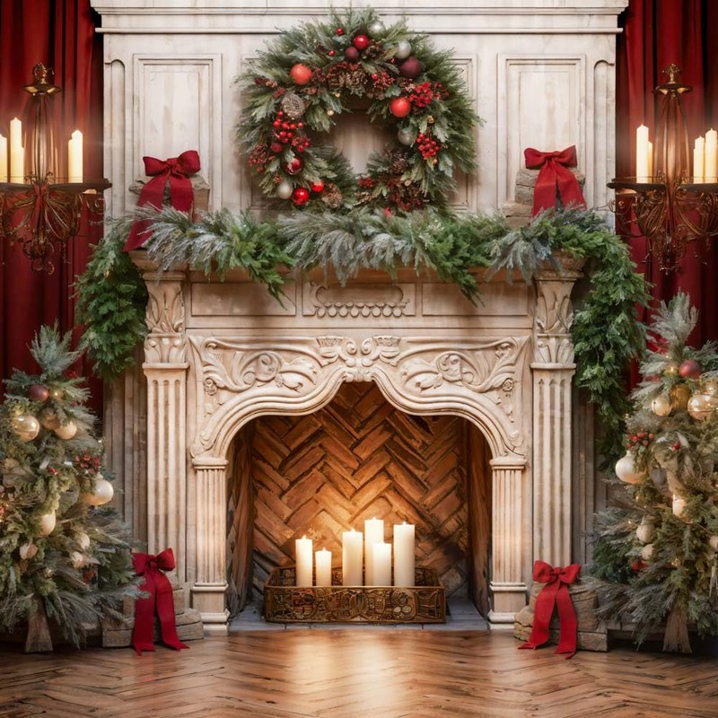 Red Curtain Christmas Fireplace Backdrop with Candlelit Wreath Holiday Photo