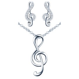 CPSLOVE Necklace and Earrings for womens and girls, 925 sterling silver jewelry set, Elegant musical note necklace pendant, Musical note earrings studs, Inlaid shiny zircon, silver