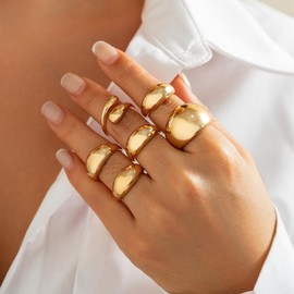 6 Pieces Chunky Gold Rings for Women Dainty Statement Dome Rings Set, 14K Stackable Open Vintage Knuckle Midi Finger Rings Prom Costume Accessories Jewelry Gift (6 Pieces Chunky Gold Rings - 2)