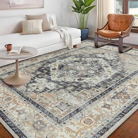 VECARF Washable Rugs 5x7 Area Rugs Vintage Rug for Living Room Stain Resistant Rugs Boho Rugs Non Slip Rugs for Bedroom Dining Room (Grey,5' x 7')