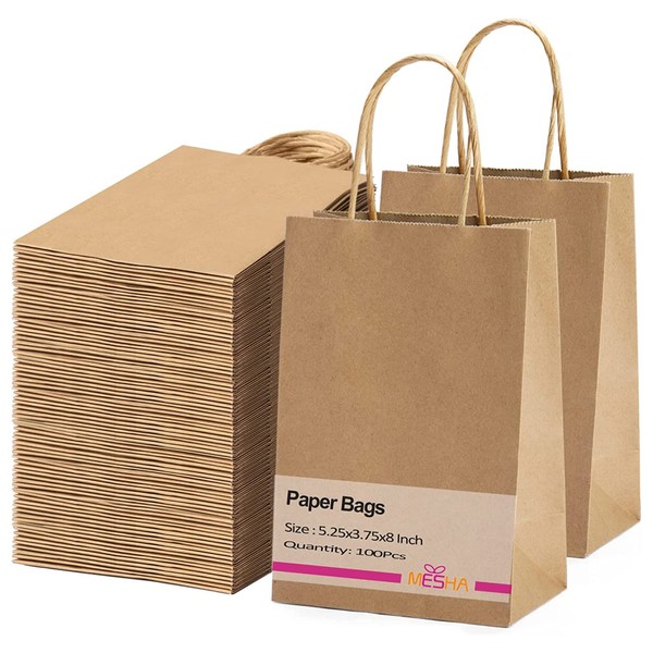 MESHA Kraft Paper Bags 5.25x3.75x8 Brown Small Gift Bags with Handles Bulk,100 Pcs Kraft Paper Bags for Small Business,Birthday Wedding Party Favor Bags,Paper Shopping Bags
