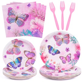 DECORLIFE Butterfly Birthday Party Supplies Serves 24, Butterfly Theme Party Decorations Includes Plates, Napkins, Forks for Girls, 96PCS