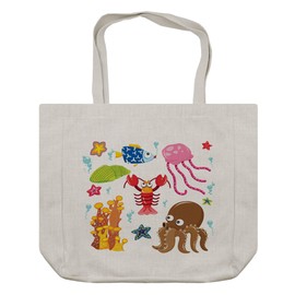 Ambesonne Cartoon Shopping Bag, Under the Sea Wildlife Theme Funny Creatures in Cartoon Style Fun Ocean Aquarium, Eco-Friendly Reusable Bag for Groceries Beach and More, 15.5" X 14.5", Multicolor