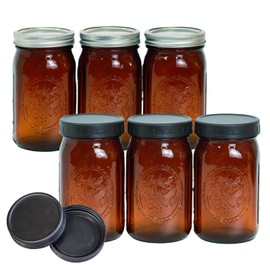 Jumterlee 6 Pack 32 oz Amber Mason Jars, Wide Mouth Mason Jars with Lids and Bands and 6 Black Plastic Mason Jar Lids, Canning Jars Used for Canning, Pickling, Juice, Jam, Jelly