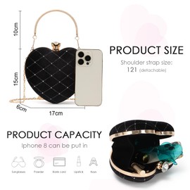 Oweisong Black Heart Shaped Purses for Women Velvet Clutch Bag Sparkling Rhinestone Evening Handbag for Wedding Party