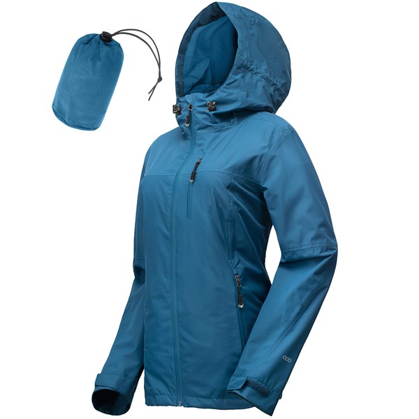 33,000ft Women's Rain Jacket Waterproof Lightweight Waterproof Jacket with Breathable Packable Hooded Jacket Ideal for Running Hiking, Deep sea blue
