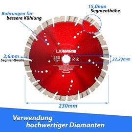 LXDIAMOND Diamond Cutting Disc 230 mm x 22.23 mm – Segment 15 mm – for Hard Stone, Artificial Stone, Brick, Granite, Granite Borde, Reinforced Concrete, Natural Stone, Concrete, Diamond Disc 230 mm –