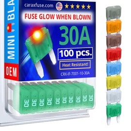 CARAX Glow Fuse – Premium Fuse Mini Blade – 30A Kit 100 pcs – Glow When Blown LED Automotive Fuse – Smart Auto Glow Fuse Easy Identification – 100 pcs