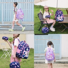 Kimwadalh - Mochila para niñas con caja de almuerzo para escuela primaria, mochila escolar 3 en 1 con correa para el pecho para niñas escolares, Castillo Morado, Una talla, Unicornio de lentejuelas