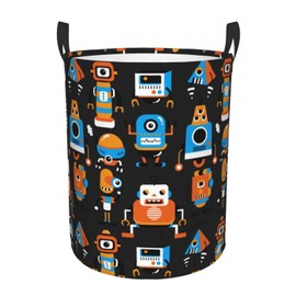 Gbuzozie Cute Robots Black Background Round Laundry Hamper Storage Basket Toys Clothes Organizer Bin For Home Bathroom Bedroom Dorm Nursery, 38l