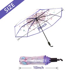 JOBEDE Cherry Blossom Butterfly Umbrella Transparent Clear Umbrellas 8 Ribs Folding Umbrellas for Adult Kids Men and Women of All Ages (Purple)