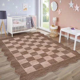 COZYLOOM Modern Checkered Area Rugs 5x7 Ultra-Soft Scalloped Throw Carpet, Stain-Resistant Neutral Floor Rug, Machine Washable Plaid Thin Indoor Mats for Living Room, Bedroom, Nursery, Brown