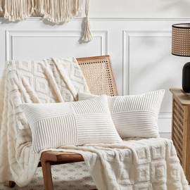 Fancy Homi Cream White Lumbar Decorative Throw Pillow Covers 20x28 Inch for Living Room Couch Bed Sofa, Rustic Farmhouse Boho Home Decor, Soft Striped Corduroy Rectangle Accent Cushion Case 50x70 cm