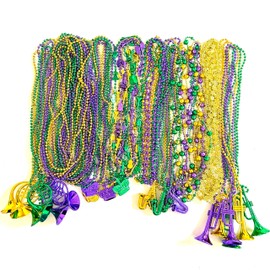 Afson 72 Pcs Mardi Gras Bead Necklaces Bulk Gold Purple Green Mardi Gras Bead Necklaces Holiday Parade Party Supplies