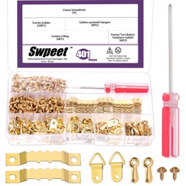 Swpeet Picture Hanging Kit Include Sawtooth Picture Frame Hanging, Frame Picture Turn Buttons, Pieces Screws and Screwdriver for Hanging Pictures, Photos, Drawing (Golden)