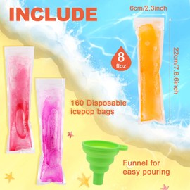 LOMIMOS 160PCS Disposable Ice Popsicle Mold Bags,BPA Free Freezer Tubes With Zip Lock Seal Funnel for Healthy Snack Yogurt Stick Juice Fruit Smoothies Ice Candy Pops Family Party(8.6"x2.3")