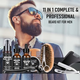 Upgraded Beard Care Set for Men, 11 in 1 Beard Growth Set Includes Beard Shampoo, Beard Oil, Beard Balm, Beard Comb, Beard Scissors, etc., Gift Set for Men for Christmas, Valentine's Day, Father's Day