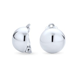 Simple Basic Button Style Half Round Ball Round Dome Clip On Earrings For Women Non Pierced Ears Polished .925 Sterling Silver Alloy Clip