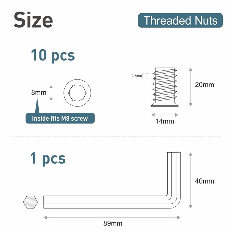 BOUMVID Screw-in Nut M8 x 20, Pack of 10 Screw