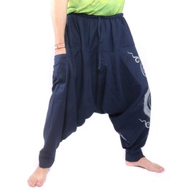 jing shop Harem Pants - Cotton One Size with Swirl Print Unisex for Men and Women Hippie Boho Chic Blue