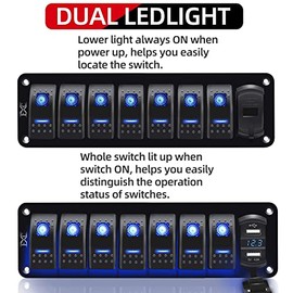 FXC FXC Purishion 7 Gang Rocker Switch Aluminum Panel with Voltmeter & Dual USB(4.8 Amps) Fast Charging, Blue Backlit Led, Pre-Wired IP65 Waterproof for Marine, Boat, Car, Truck, Polaris, Jeep (Blue)