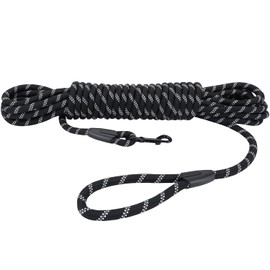 Hi Kiss Check Cord Large,Medium Small Dogs/Puppy Obedience Recall Training Agility Lead - 15ft 20ft 30ft 50ft Training Leash(Blck 50ft-Diam 1/2"-1 Hook)