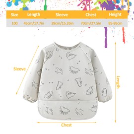 Amexo Bib for Weaning with Long Sleeves, Waterproof and Easy to Clean Bib with Pocket & BLW Baby Bib Sleeve Bib for Babies Toddlers 6-36 Months White, White, m