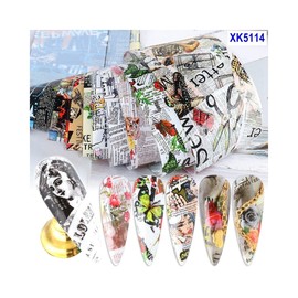 Generic Newspaper Letter Flower Animal Nail Foil Transfer Sticker 10Pcs 20X4Cm Xk5114 Nail Wraps Art Stickers Manicure Supplies for Women for Home Nails Full Long Lasting Easy Apply and Remove