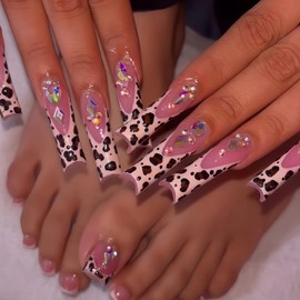 Leopard Print Press on Nails Diamond Toe Nails press ons Set French Tip Fake Nails Long Square False Toes Nude Stick on Nails Full Cover Glossy Acrylic Glue on Toenails for Women Manicure 48Pcs