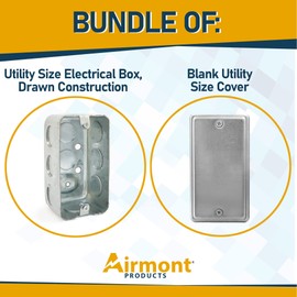 (Pack of Box and Cover) 4x2 Inch Utility Electrical Box, Outlet Box, Blank Utility Size Cover, Drawn Construction, Ten ½’’ Knockouts, Raised Ground, 1-7/8” Deep, 13 Cu. in. Capacity, Galvanized Steel