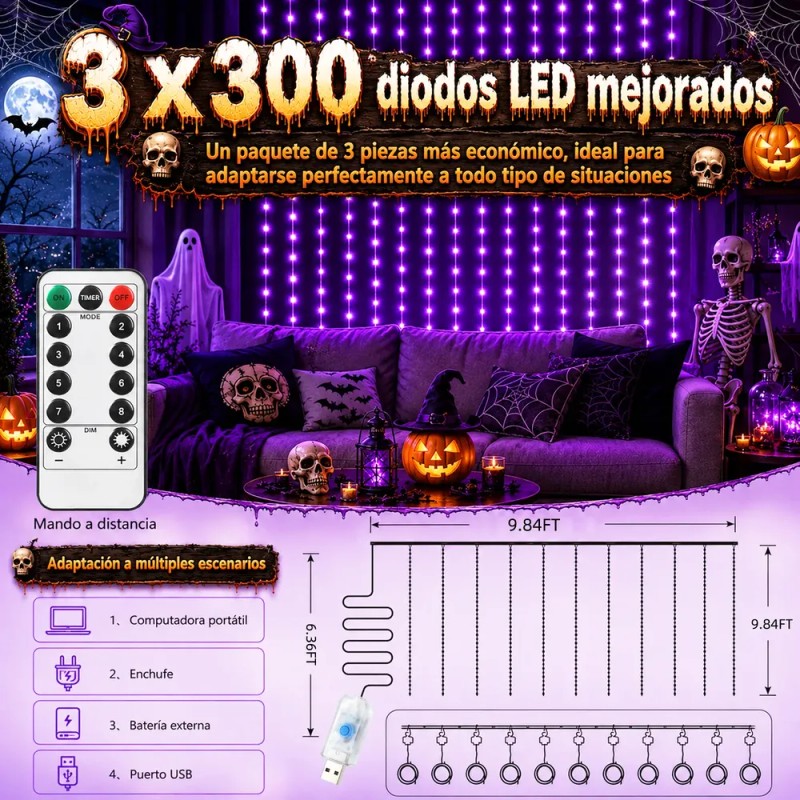 ASVEL - 2 Pcs 5v Cortinas Serie Luces 300 Led