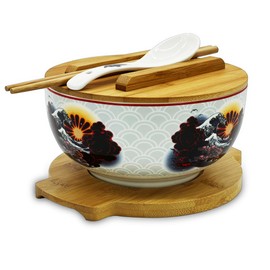 XWORLD Japanese Ceramic Ramen Noodle Bowls Set with Ceramic Spoon, Bamboo Chopsticks, Lid & Trivet, Serving Capacity of 33.8 OZ, Microwavable Oven Safety (3.3” x 6.6” D) (Landscape)
