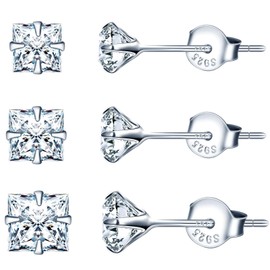 CPSLOVE Women's Solitaire Earrings 925 Sterling Silver Elegant 4 Claw Diamond Stud Earrings for Girls Earrings with Square Zirconia Set of 3 Pairs in Various Sizes, Sterling Silver, Cubic Zirconia