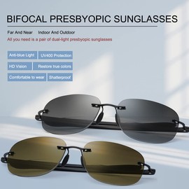 PEEPAI 2 Pairs Bifocal Reading Glasses Outdoor UV Protection Sunglasses Rimless Computer Anti Blue Light Glare Tinted Sun Readers Far and Near Dual Use Eyewear for Men Women 2.0