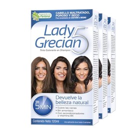 Grecian Lady Grecian 5, Tinte Colorante en Shampoo, Cubre las Canas, Cabello Maltratado, Castaño a Negro, 3 pack 120ml cada