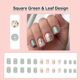 ANDGING Press on Nails Short Square Green Fake Nails Acrylic Glue on Nails with Leaf Design Gel False Nails for Wedding Birthday Full Cover 24Pcs Manicure Women Stick on Nail with Glue SD68YU6