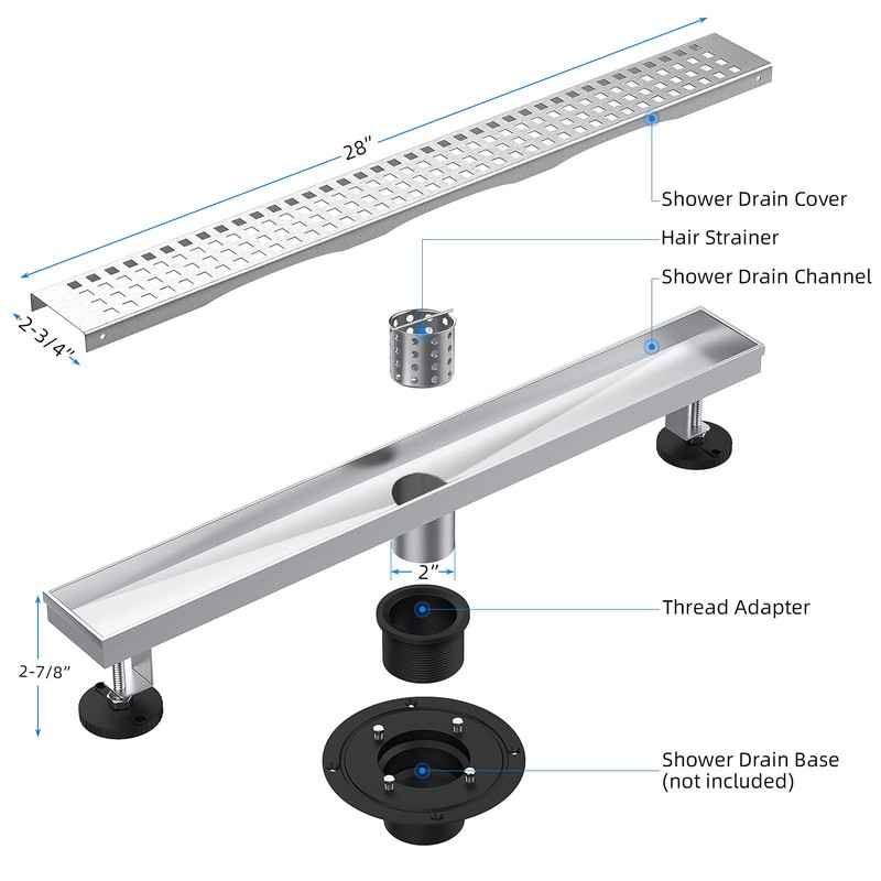 ZEKOO Linear Shower Drain 28 Inch Brushed Nickel,304 Stainless Steel