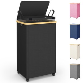 efluky 100L Laundry Basket with Wheels and Lid, Rolling Laundry Hamper with Bamboo Handles and Removable Bag, Dirty Clothes Hamper on Wheels for Laundry Room Organizer, Dorm