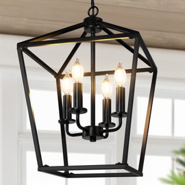 Farmhouse Chandelier 4-Light, Black Pendant Light Fixture for Kitchen Island Dining Room, Lantern Industrial Lighting Ceiling Hanging with Metal Cage Adjustable Height for Entryway Foyer