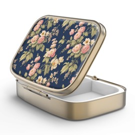 Pill Case Pill Box with Mirror Retro 2 Compartment Small Pill Case for Purse or Pocket Bronze Rectangular Pill Box or Vitamins, Fish Oil, Supplements, Pill Containe Travel Gifts（Retro Rose Floral）