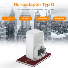 TESSAN Adapter England Germany Plug, 6 in 1 Travel Adapter UK with 2 USB C and 2 USB A, UK Adapter, Travel Adapter Type G, Travel Plug England, Socket Adapter Ireland for London Scotland Malta