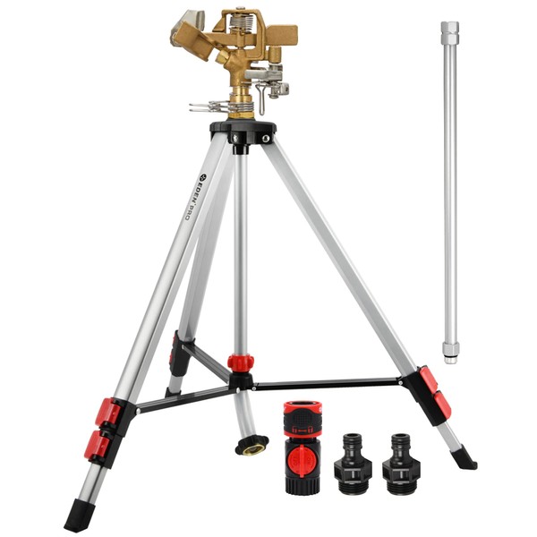 Eden PRO The Heaviest Weight Tripod (5.37 lbs) Metal Telescoping Tripod Brass Impulse Sprinkler with Premium Quick Connect Starter Set, Watering up to 6,360 Sq. Ft (Model#94157)