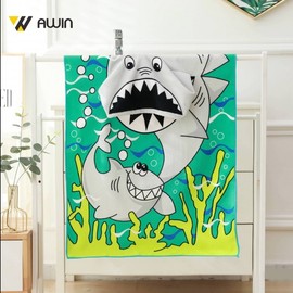 Awin Kids Microfiber Hooded Beach Poncho Towel | Coral Velvet Absorbent Bath Towel 60x120cm/Ocean Green 4ea