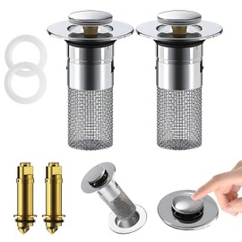 2 Pcs Upgraded 3-in-1 Bathroom Sink Drain Strainer with Removable Stainless Steel Basket & Brass Core, Universal Pop-Up Stopper for 1.1"-1.45" Basins（Silver）