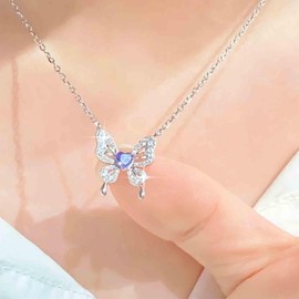 Aneneiceera Vintage Crystal Butterfly Pendant Necklace Silver CZ Butterfly Choker Hollow CZ Purple Necklace Filigree Butterfly Necklace Chain Jewellery for Women and Girls, Zinc