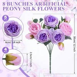 Yunsailing 8 Pack Artificial Peony Flowers Faux Silk Hydrangea Bouquet Wedding Home Table Decor Reusable Bouquet of Rose Flower for Valentine's Day Wedding(Pink Purple)