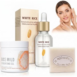 Kit de Cuidado Facial y Corporal de Arroz - Set de 3 Piezas: Serum Aclarante, Gel Exfoliante y Jabón Artesanal - Tratamiento para Manchas, Hidratación Profunda y Brillo Natural